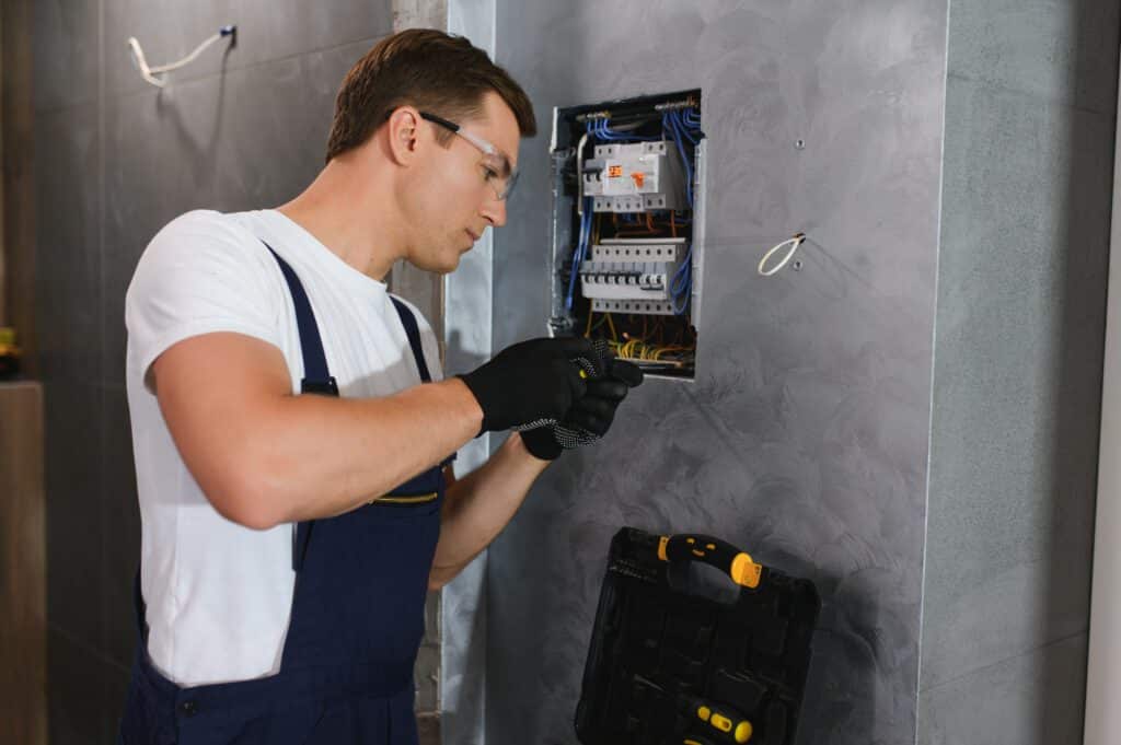 Electrician worker at work on an electrical panel